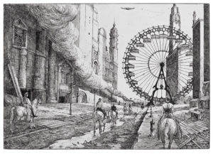 Hans Jürgen Reichelt, Die Frauen verlassen die Stadt, 2016, Radierung, 33,5 x 47,5 cm