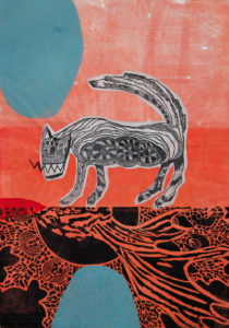 Christiane Werner, – nice to meet you –, 2016, farbiger Kombinationsdruck, Linolschnitt/Holzschnitt, 70 x 48,5 cm